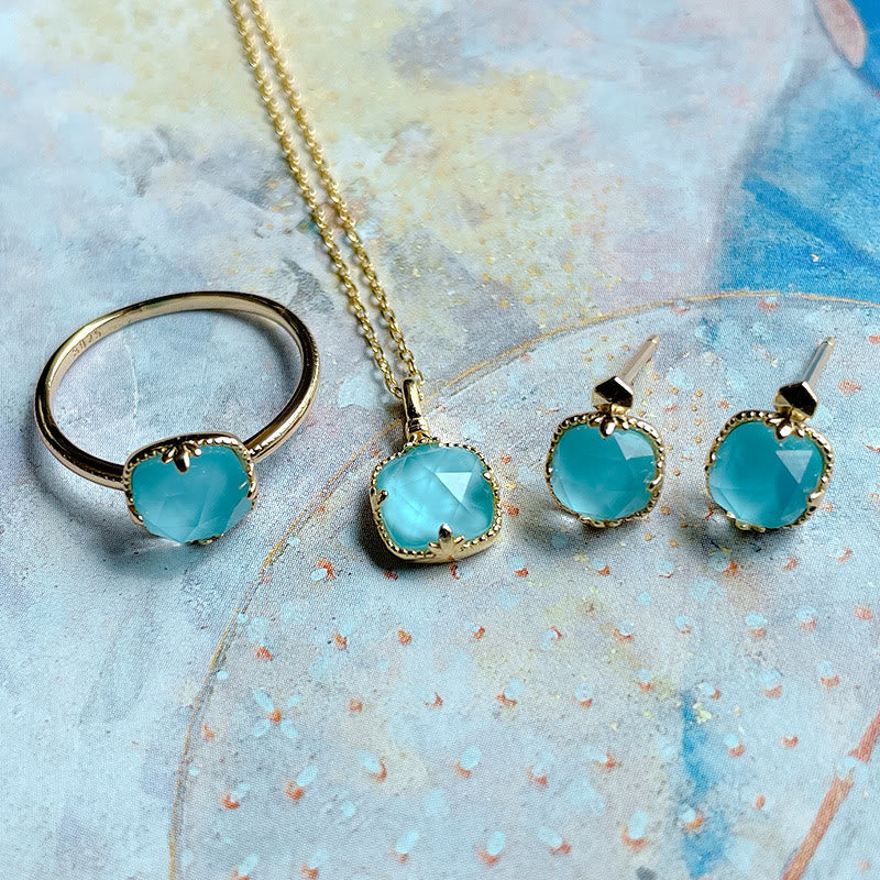 925 Sterling Silver Plated Gold Turquoise Protection Ring, Earrings, and Necklace Pendant Set