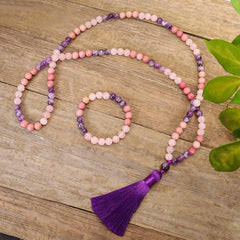 108 Mala Beads Amethyst Rose Quartz Spiritual Healing Tassel Bracelet