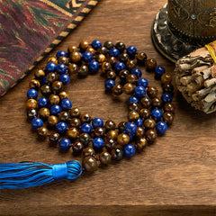 108 Beads Natural Stone Tiger Eye Lazurite Mala Tassel Protection Bracelet