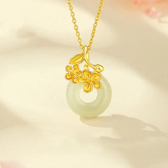 999 Sterling Silver Peace Buckle Peach Blossom Necklace Pendant with Jade