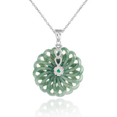925 Sterling Silver Natural Round Jade Peace Buckle Abundance Necklace Pendant