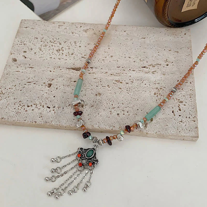Tibetan Crystal Stone Copper Luck Tassel Necklace Pendant