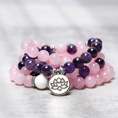 Renbeads Natural Rose Quartz & Amethyst Mala Bead Lotus Pendant Bracelet