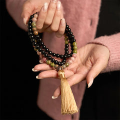 108 Mala Beads Black Jasper Rhodonite Khaki Tassel Healing Bracelet