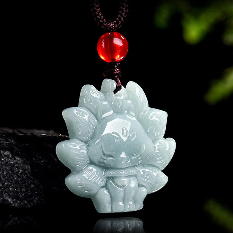 Natural Green Jade Nine Tailed Fox Abundance Necklace Pendant
