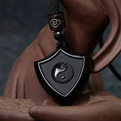 Black Obsidian Shield Pattern Yin Yang Symbol Strength Necklace Pendant