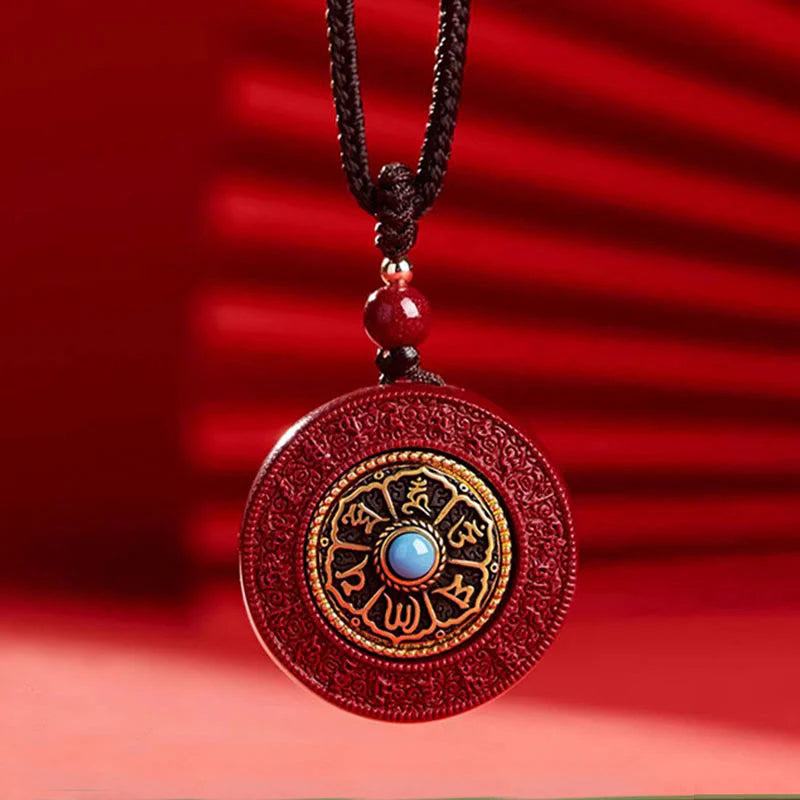 Natural Cinnabar Om Mani Padme Hum Rotatable Scripture Yin Yang Pattern Blessing Necklace Pendant