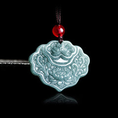 Lotus Pattern Carved Jade Abundance Prosperity Necklace Pendant with Rope