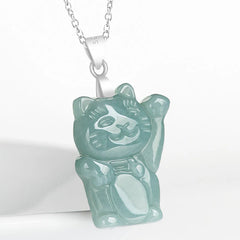 925 Sterling Silver Natural Jade Lucky Cat Abundance Necklace Pendant