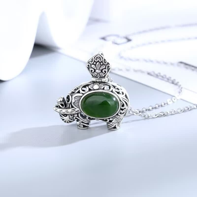 925 Sterling Silver Cyan Jade Elephant Success Necklace Pendant