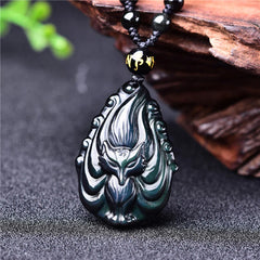 Natural Rainbow Obsidian Nine Tailed Fox Inner Peace Beaded String Necklace Pendant