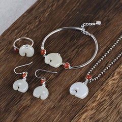 925 Sterling Silver Elephant Hetian Jade Abundance Jewelry Set
