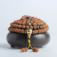 108 Mala Beads Bracelet with Rudraksha, Bodhi Seed, and Dzi Bead for Luck and Wealth