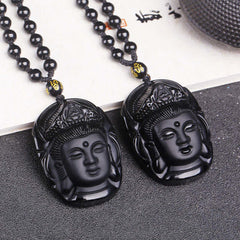 Natural Black Obsidian Bodhisattva Strength String Necklace Pendant