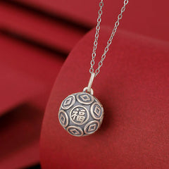 990 Sterling Silver Fu Character Copper Coin Luck Fortune Chain Necklace Pendant