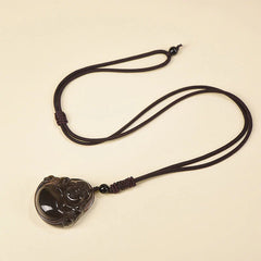 Natural Black Obsidian Ice Obsidian Laughing Buddha Purification Necklace Pendant
