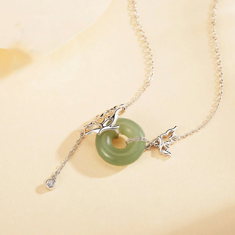 925 Sterling Silver Natural Hetian Jade Peace Buckle Butterfly Abundance Necklace Pendant