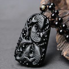 Black Obsidian Koi Fish Engraved Beaded Necklace Pendant