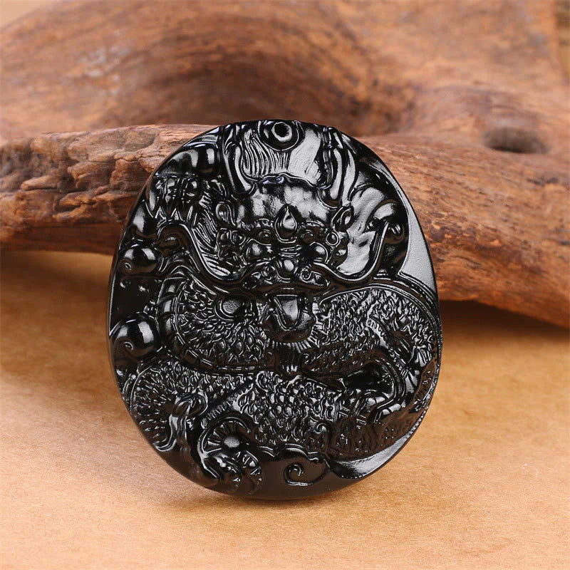 Natural Black Obsidian Round Dragon Carved Protection Necklace Pendant