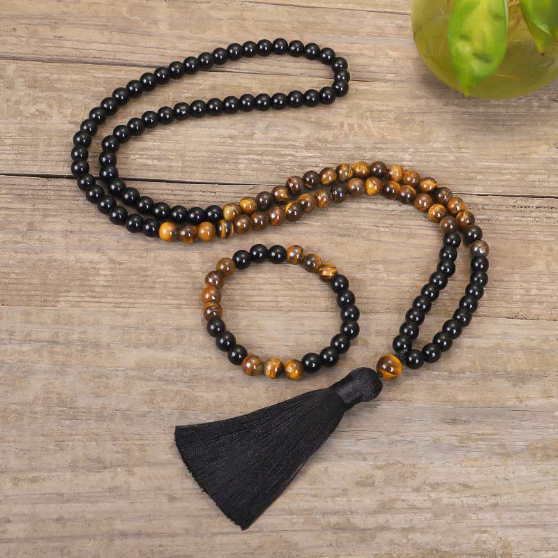 Renbeads Tibetan Black Onyx Tiger Eye Protection Necklace Mala Set