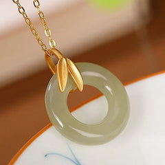 925 Sterling Silver Cyan Jade Peace Buckle Bamboo Leaf Necklace Pendant