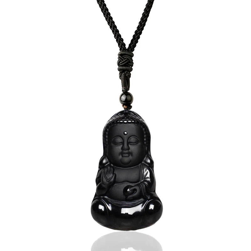 Renbeads Natural Black Obsidian Crystal Buddha Strength Protection Amulet Lucky Charm Pendant Necklace