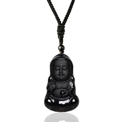 Renbeads Natural Black Obsidian Crystal Buddha Strength Protection Amulet Lucky Charm Pendant Necklace