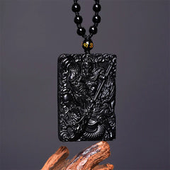 Black Obsidian Engraved Strength Amulet Necklace Pendant