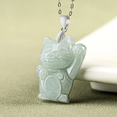 925 Sterling Silver Jade Fortune Cat Prosperity Necklace Pendant