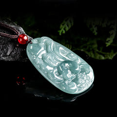 Natural Green Jade Nine Tailed Fox Flowers Luck Necklace Pendant