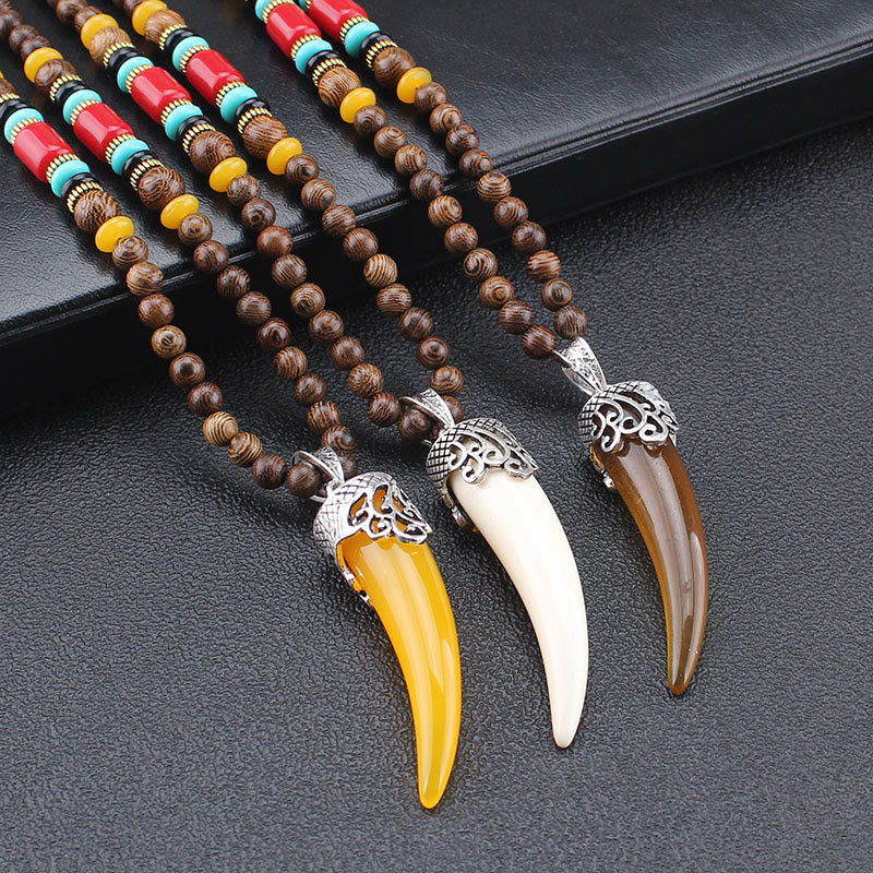 Wenge Wood Turquoise Stone Horn Style Necklace Pendant for Meditation and Protection