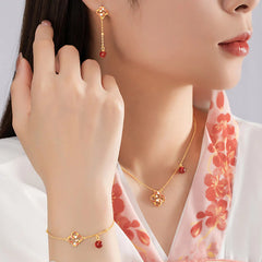 925 Sterling Silver Four Leaf Clover Koi Fish Red Agate Pearl Wealth Jewelry Set