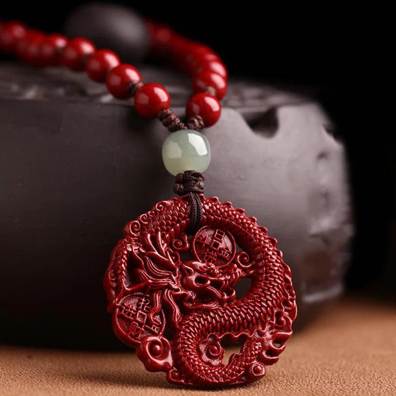Year Of The Dragon Natural Cinnabar Jade Bead Copper Coin Wealth - Attracting Necklace Pendant