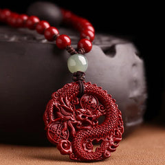 Year Of The Dragon Natural Cinnabar Jade Bead Copper Coin Wealth - Attracting Necklace Pendant