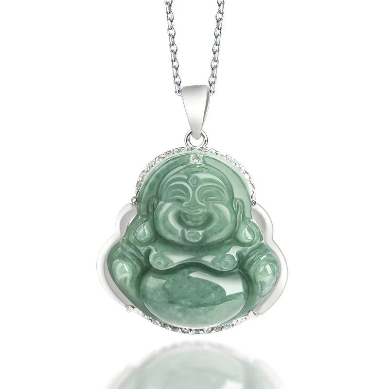 Renbeads 925 Sterling Silver Laughing Buddha Jade Abundance Necklace Chain Pendant