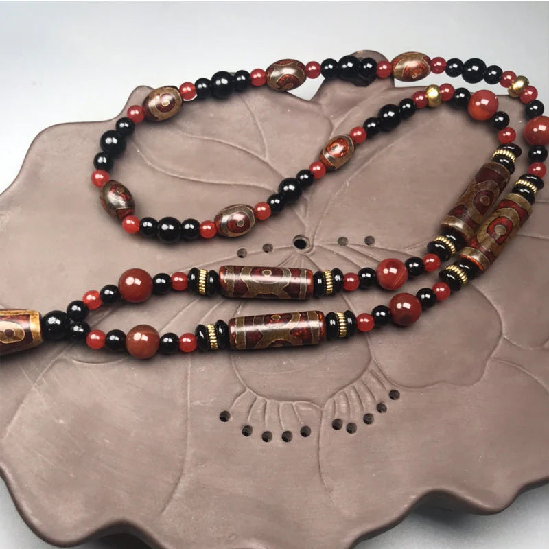Nine Eye Dzi Bead Red Agate Wealth Health Necklace