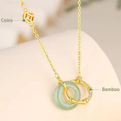 925 Sterling Silver Natural Green Aventurine Peace Buckle Bamboo Coin Necklace Pendant