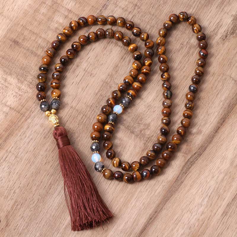 Renbeads Tibetan Tiger Eye Buddha Strength Power Beaded Tassel Pendant Necklace