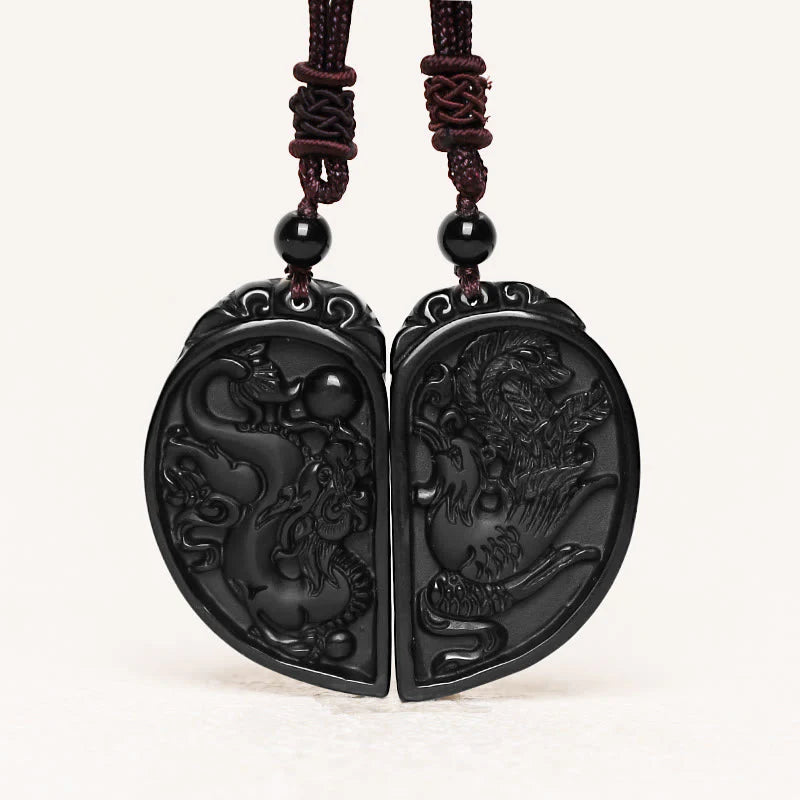 Black Obsidian Love Dragon Phoenix Protection Necklace Pendant