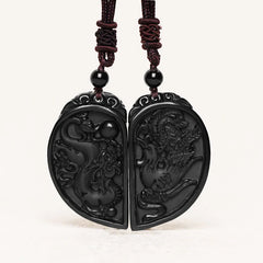 Black Obsidian Love Dragon Phoenix Protection Necklace Pendant