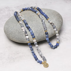 108 Natural Picasso Jasper & Blue Stone Mala Bead Lotus Pendant Bracelet