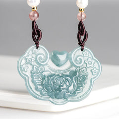 Natural Jade Peony Flower Lock Necklace Pendant for Good Wishes and Prosperity