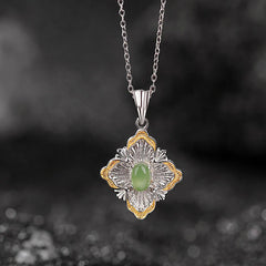 925 Sterling Silver Plated Gold Cyan Jade Rhombus Design Luck Healing Necklace Pendant