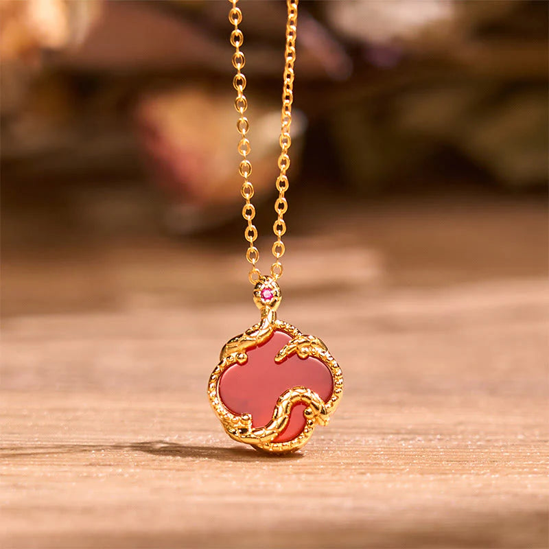 925 Sterling Silver Four Red Agate Black Onyx Leaf Clover Zodiac Blessing Necklace Pendant