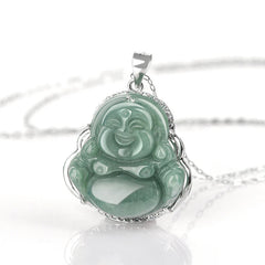Renbeads 925 Sterling Silver Laughing Buddha Jade Abundance Necklace Chain Pendant