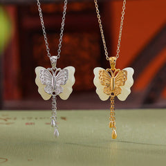 925 Sterling Silver Plated Gold White Jade Butterfly Blessing Necklace Pendant