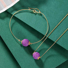 925 Sterling Silver Plated Gold Natural Purple Mica Stone Relief Bead Necklace and Bracelet Set