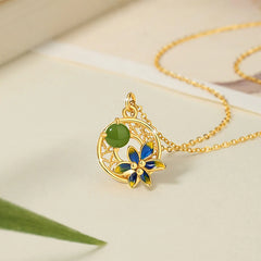 925 Sterling Silver Natural Cyan Jade Flower Luck Necklace, Pendant, Ring, and Earrings Set