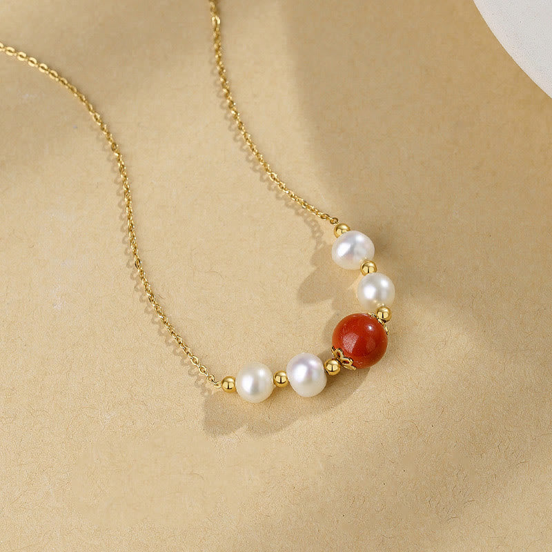 925 Sterling Silver Pearl Cinnabar Healing Bead Chain Necklace Pendant