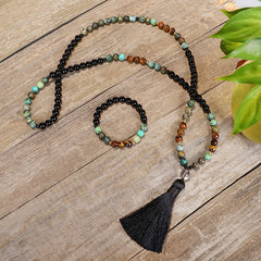 Renbeads 108 Mala Beads Natural Stone Tiger Eye Turquoise Protection Strength Bracelet Necklace